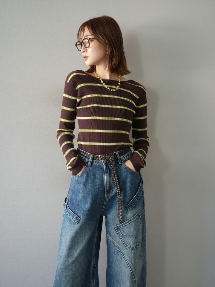 [予約]バックオープンボーダーテレコリブトップス/ブラウン