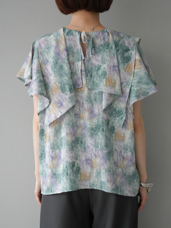 [予約]水彩アートラッフルカラーブラウス/グリーン