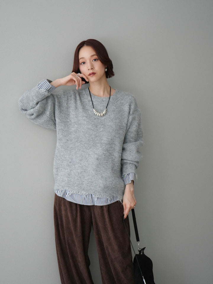 [SET]裾シャツレイヤードダメージニットプルオーバー+コーデュロイサイドタックコクーンパンツ(2set)