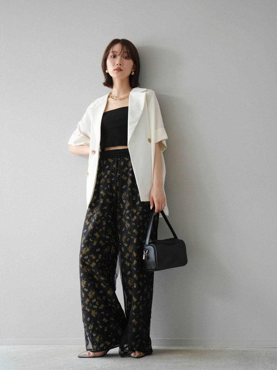 [SET]リネンライクハーフテーラードジャケット+コード刺繍チュールレイヤードパンツ(2set)