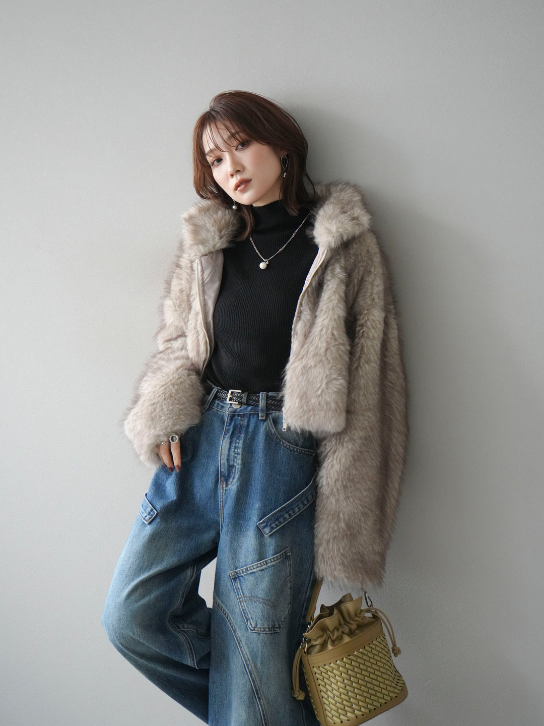 [予約]フェイクファーショートZIPジャケット/beigemix