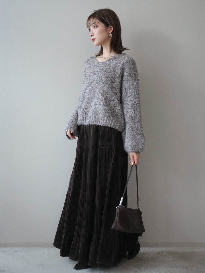 [SET]Vネックミックスヤーンニットプルオーバー+ベロアティアードワッシャースカート(2set)