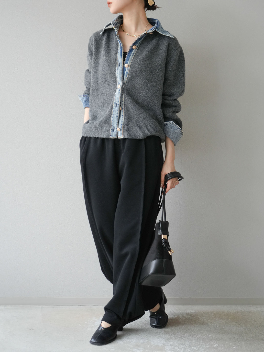 [SET]デニム襟ボタンニットカーディガン+2WAYデザインスウェットパンツ(2set)