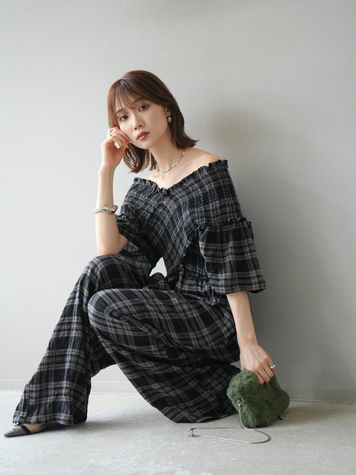 [予約]チェック柄ハーフスリーブシャーリングクロスサロペット/ブラック