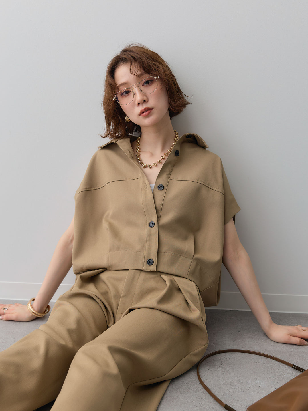 【套裝】縐綢燈籠無袖襯衫 + 縐綢闊腿褲（兩件套）