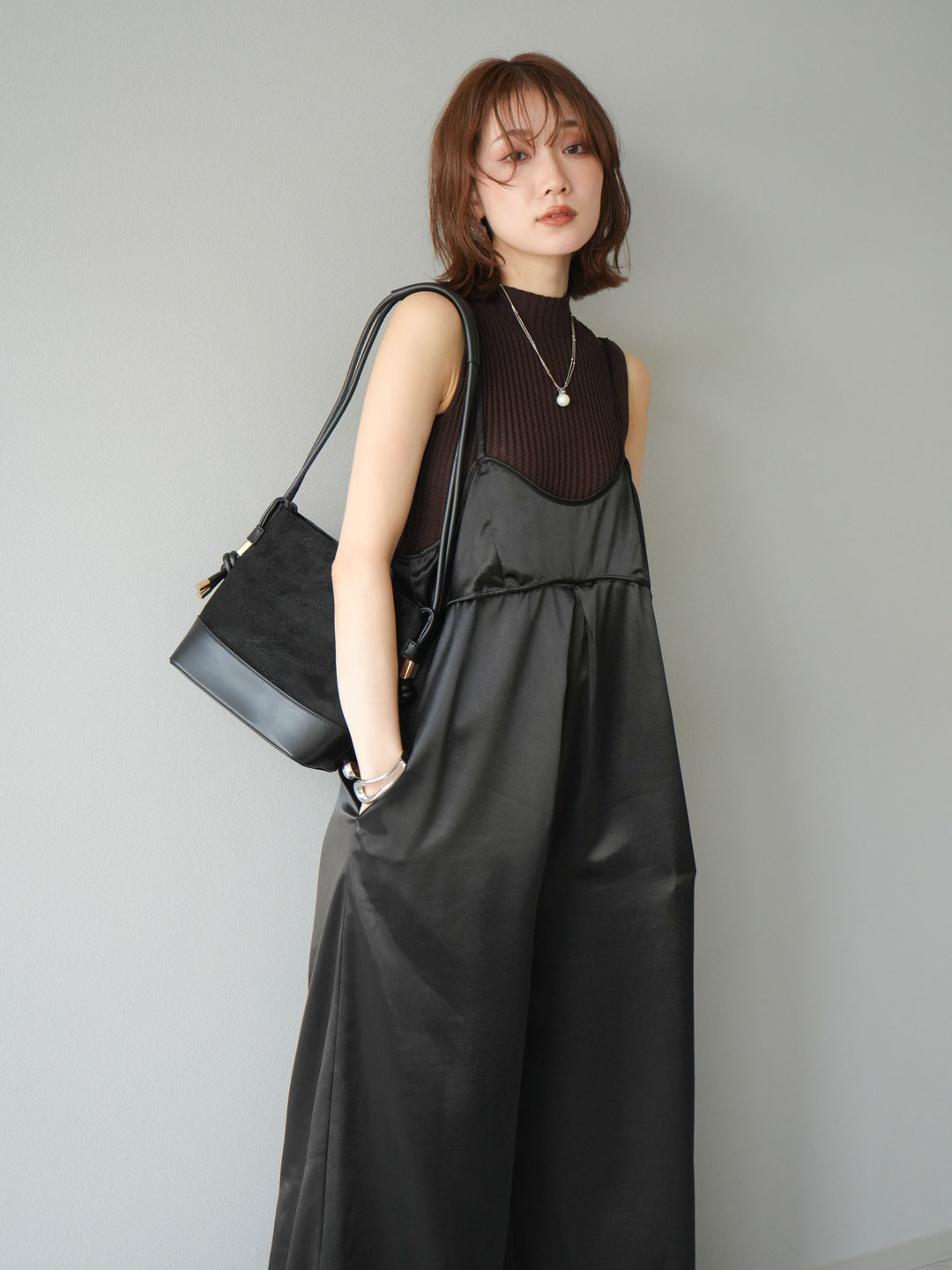 [予約]ボトルネックワッフル編みノースリーブニットトップス/ブラウン