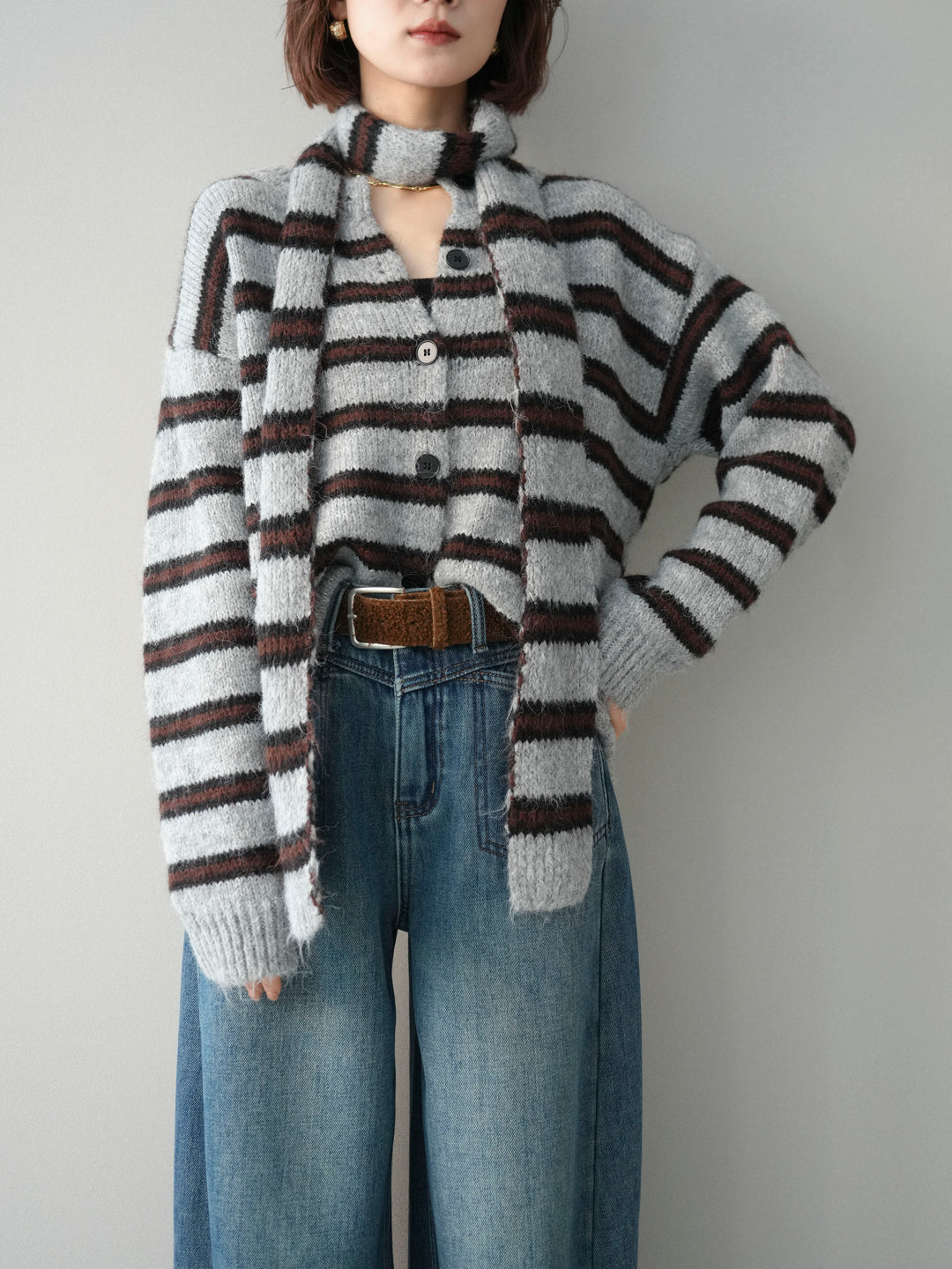 [予約]ボウタイ付きボーダーニットプルオーバー/gray