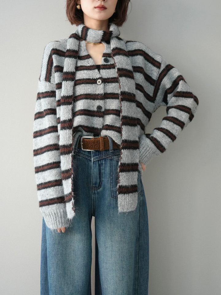 [予約]ボウタイ付きボーダーニットプルオーバー/gray