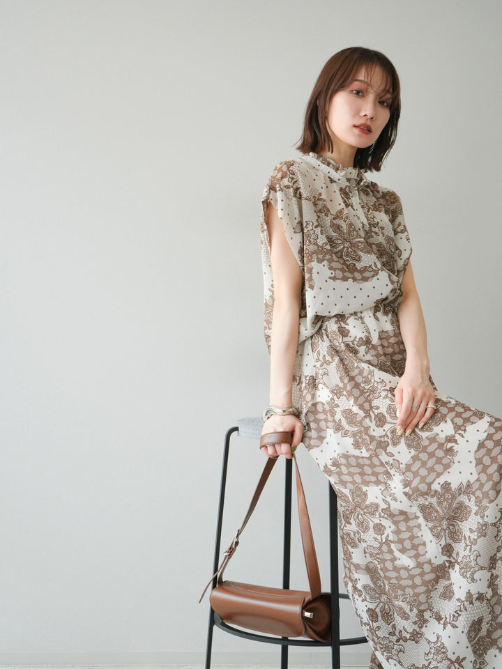 [SET] 花朵圖案法式袖襯衫 + 花朵圖案喇叭裙 (2 套)