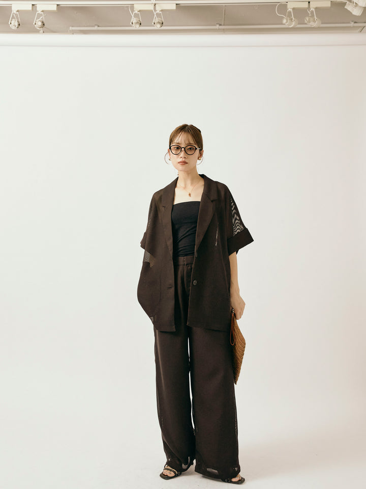 [予約]メッシュタックワイドパンツ/ブラウン