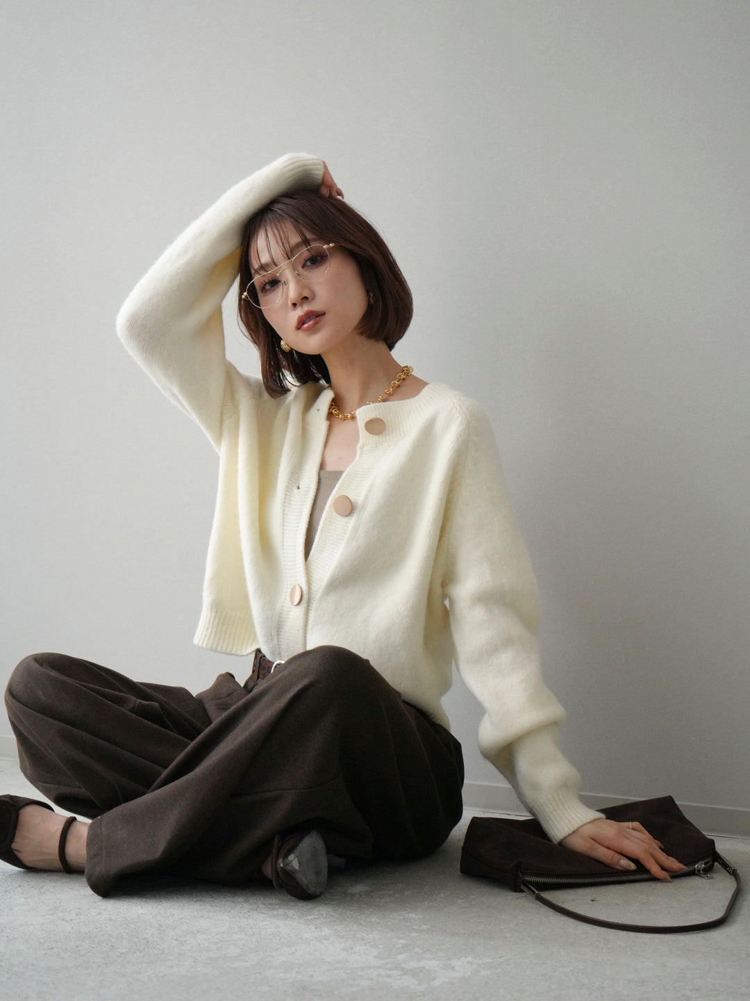 [SET]BIGボタンニットカーディガン+アニマル柄ベルト付きウールタッチワイドパンツ(2set)