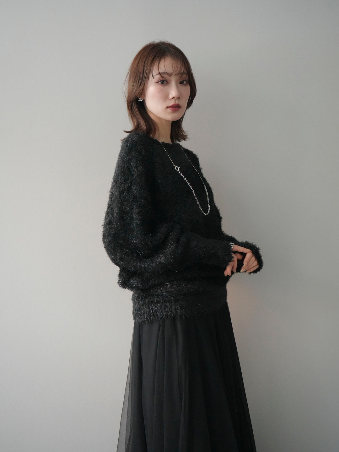 [予約]ラメシャギードルマンニットプルオーバー/black