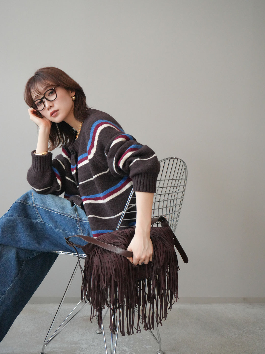 [SET]ランダムボーダーニットカーディガン+デザインステッチカーブデニムパンツ(2set)