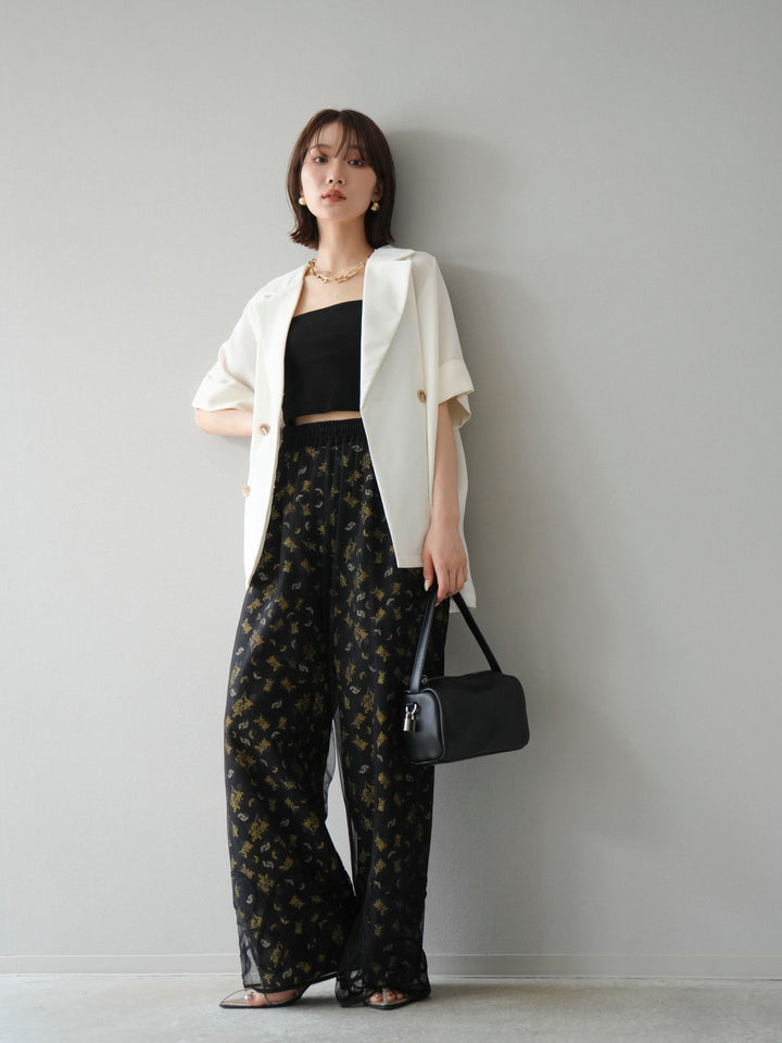 [SET]コード刺繍チュールレイヤードパンツ+ブーケプリントタックパンツ(2set)