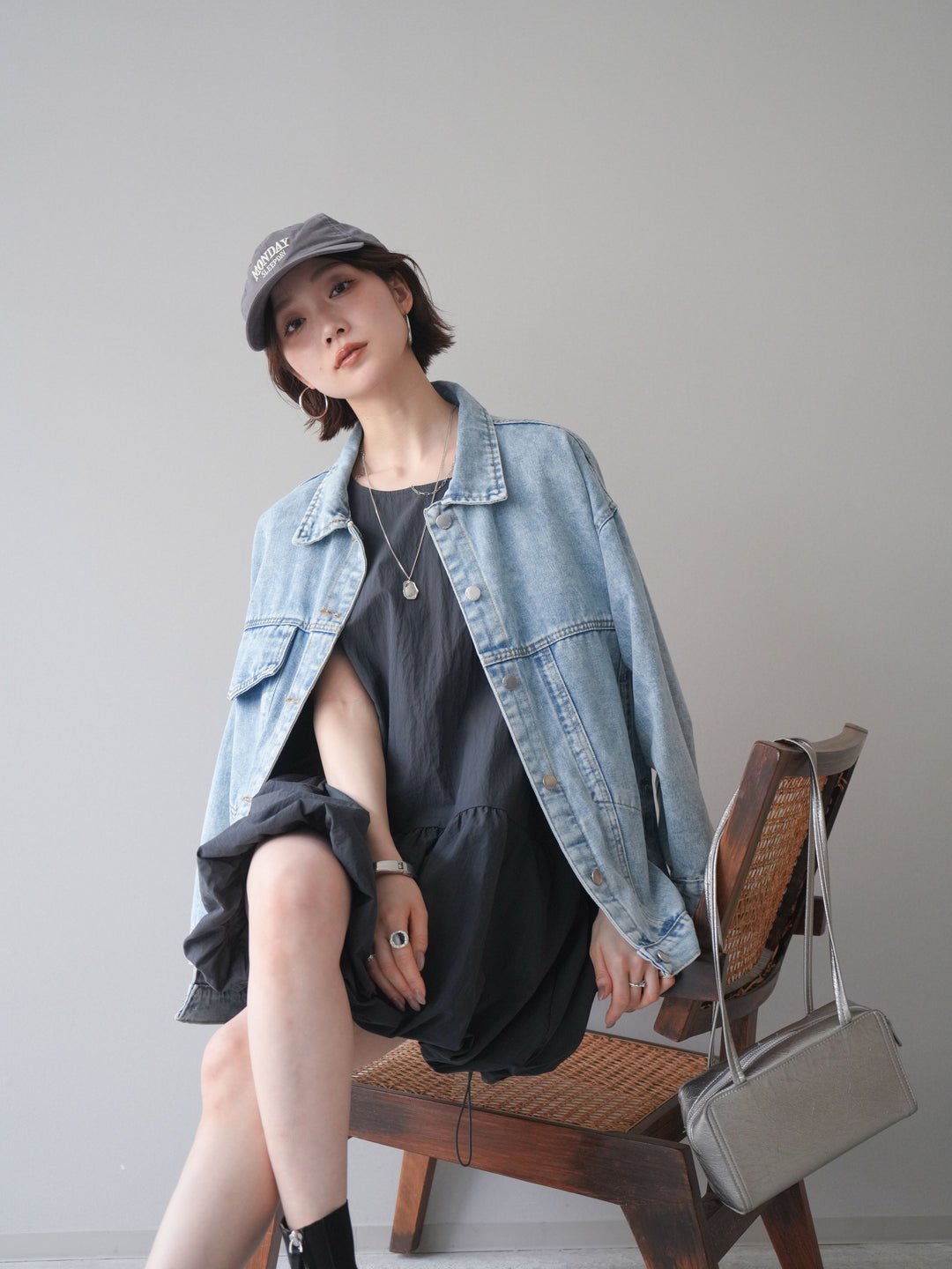[予約]ドロストバルーンミニワンピース/charcoal