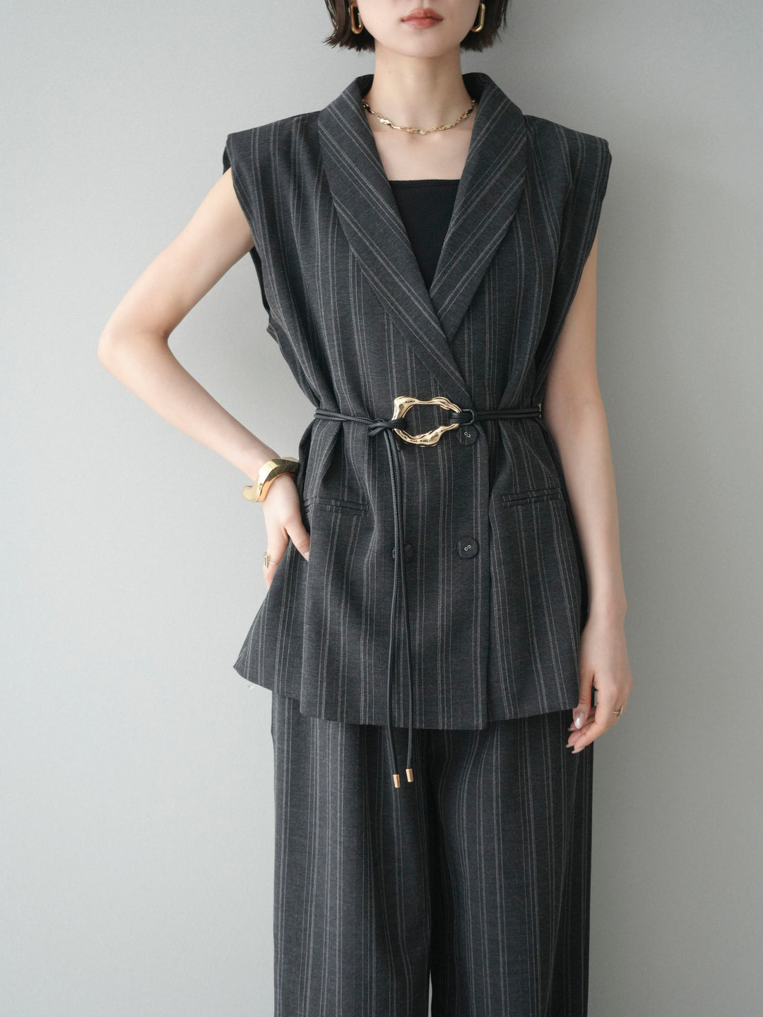 [SET]モチーフベルト付ストライプジレ＆パンツSETUP