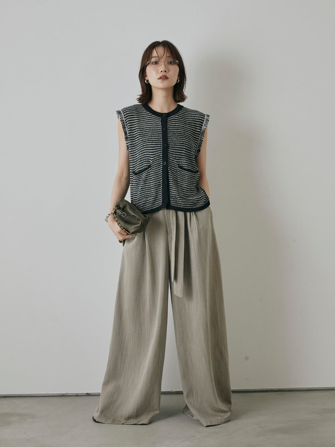 [予約]リネンライクウエストリボンワイドパンツ/ベージュ