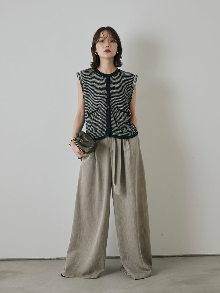 [予約]リネンライクウエストリボンワイドパンツ/ベージュ