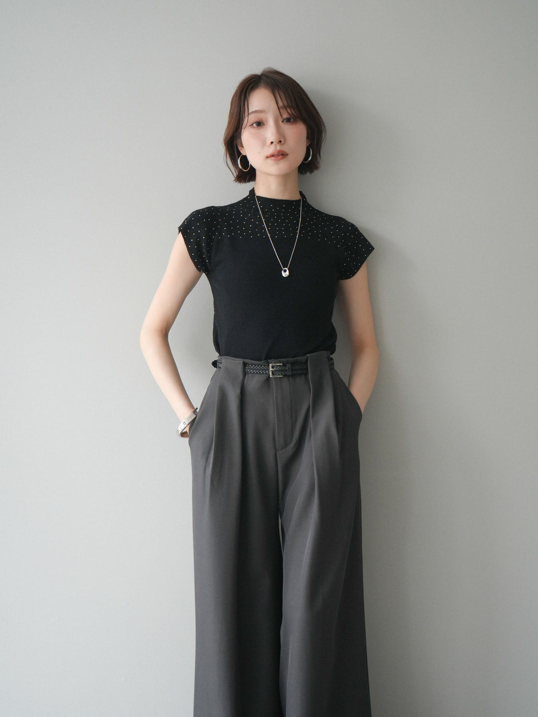 [SET]ビジューシアーフレンチニット+選べるアクセセット(2set)