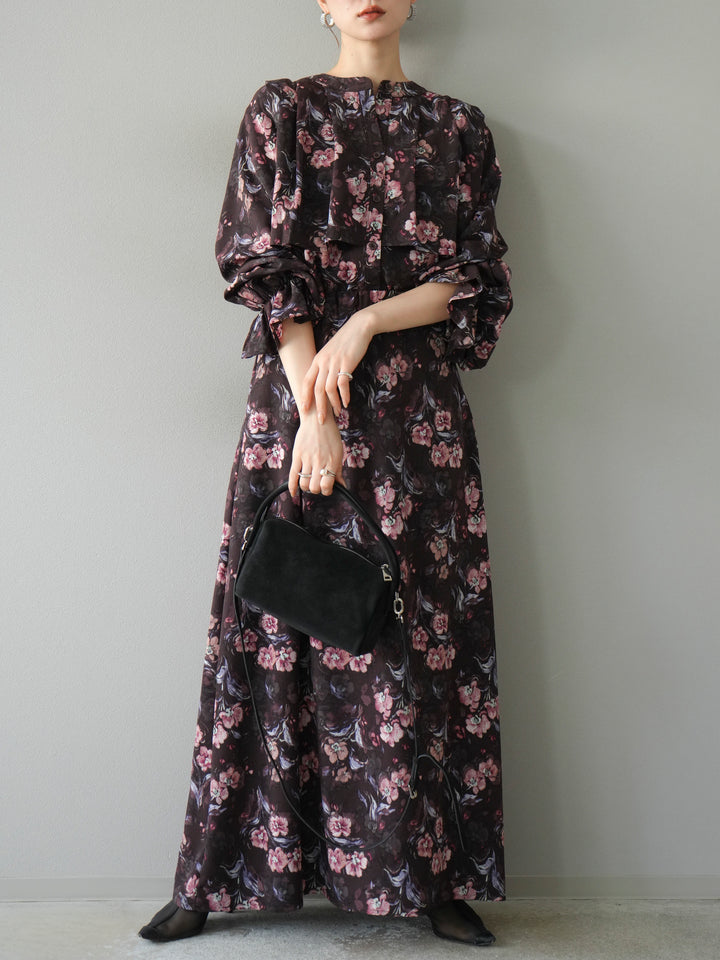 [予約]フラワーフリルブラウス/ブラウン