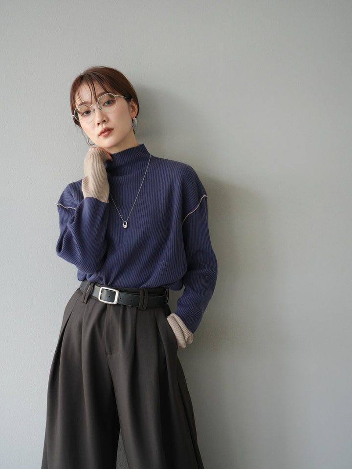 [予約]ボトルネック配色リブニットプルオーバー/アイアンブルー×ベージュ