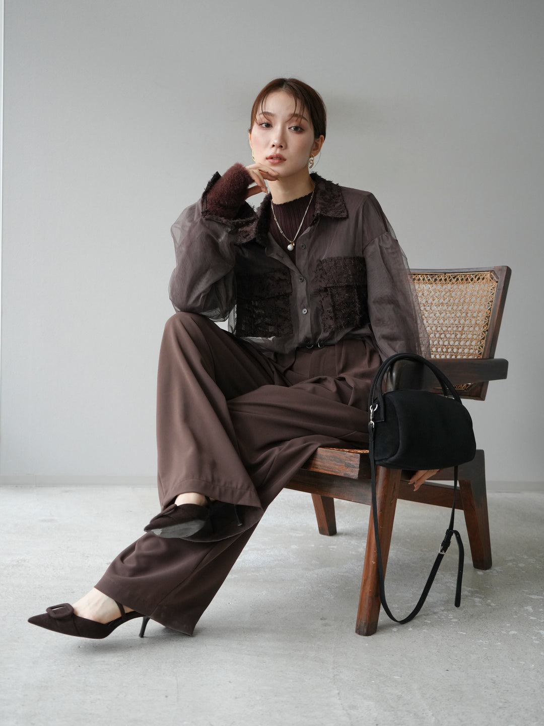 [予約]フリンジジャガード×チュールレイヤードシャツ/ブラウン