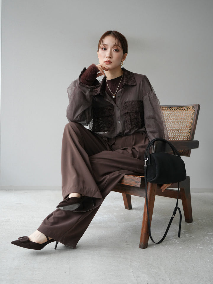 [予約]フリンジジャガード×チュールレイヤードシャツ/ブラウン