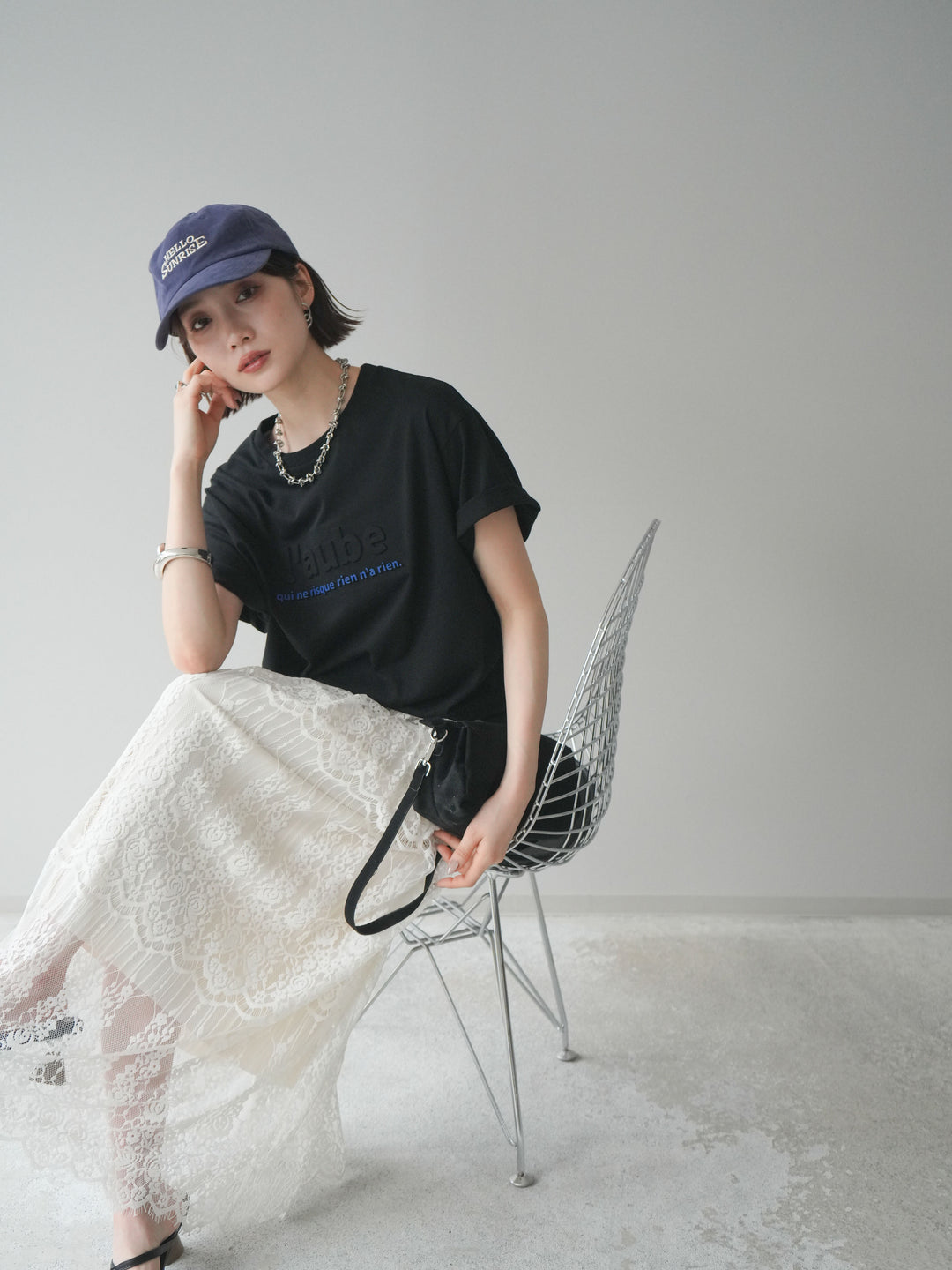 [SET]エンボスロゴTEE+裏プリーツ総レースロングスカート(2set)