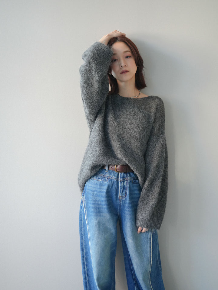 [SET]透かしデザインニットプルオーバー+サイドフリンジワイドデニムパンツ(2set)