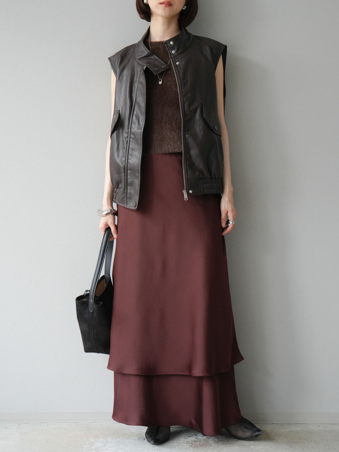 [予約]スリーブレスフェイクレザーブルゾン/ブラウン