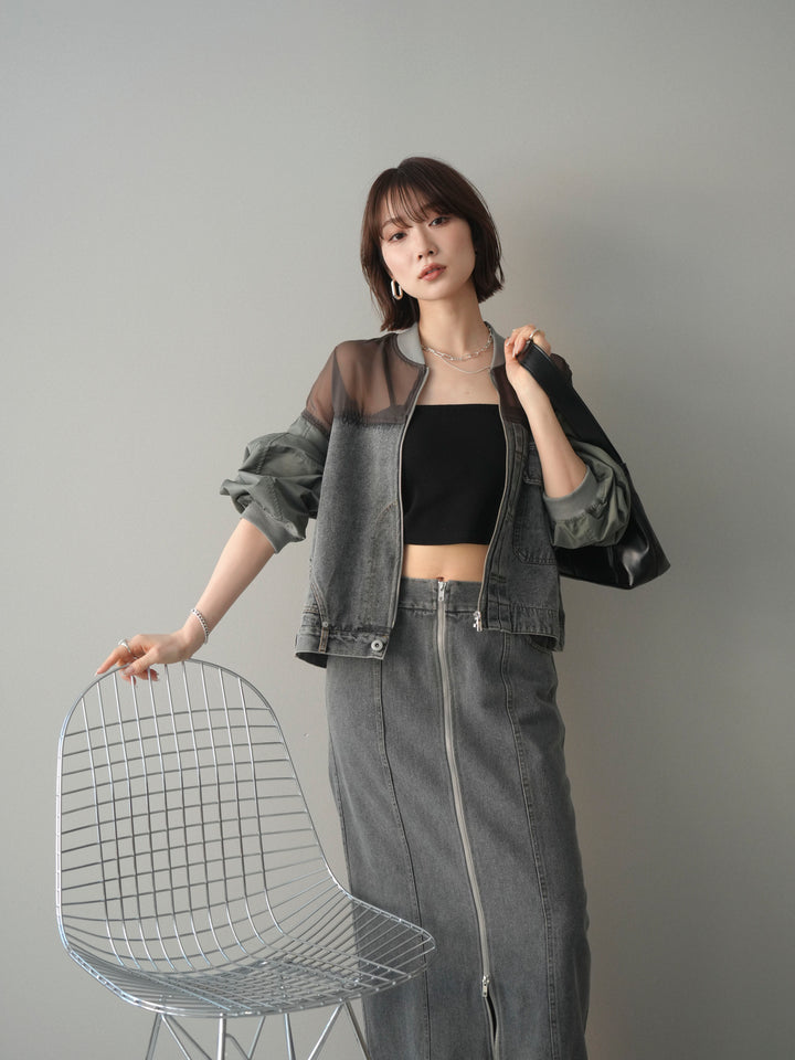 [SET]異素材デニムブルゾン+フロントジップデニムスカート(2set)