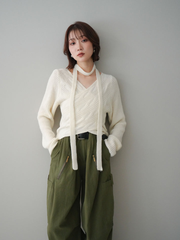 [予約]ケーブル編みクロスニットトップス/white