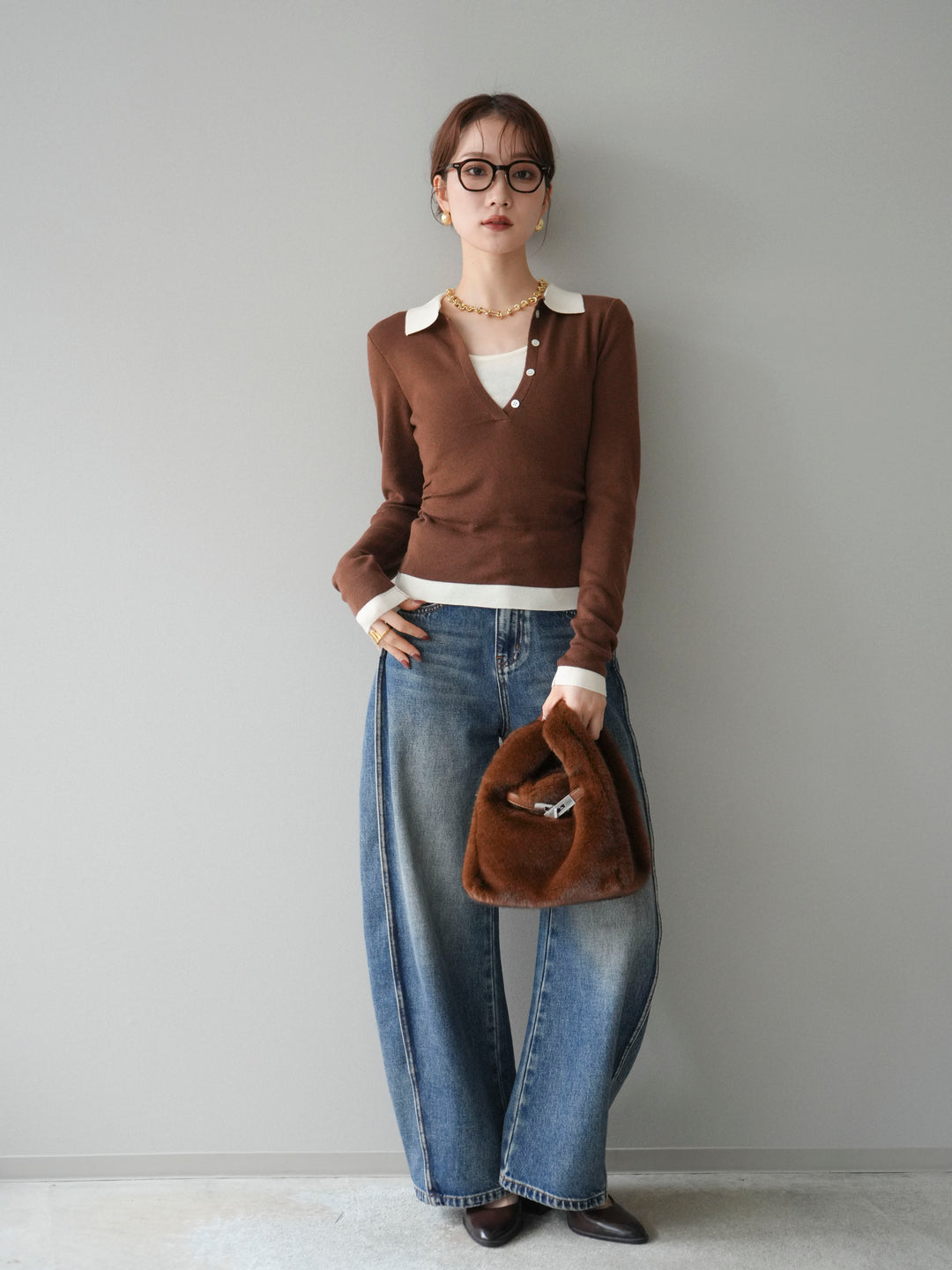 [予約]レイヤード配色ポロニットトップス/brown