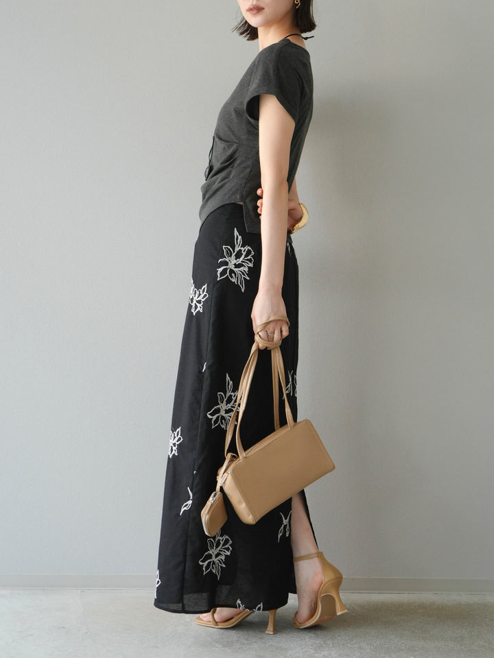 [予約]フラワー刺繍ナロースカート/ブラック