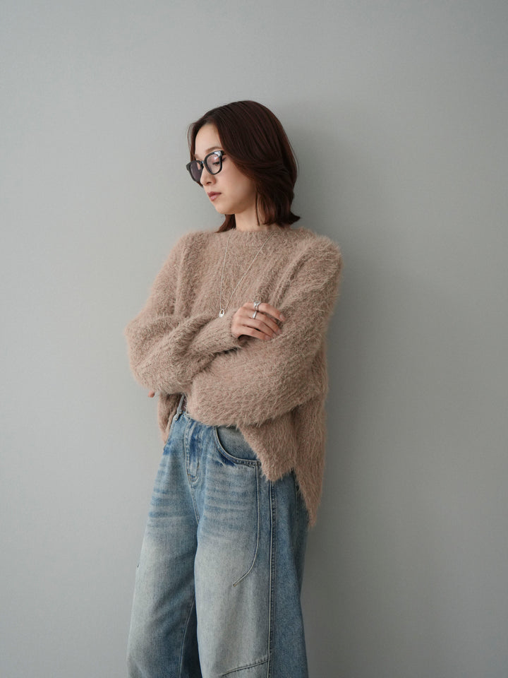 [SET]ボリュームスリーブシャギー MIXニットプルオーバー+ベルト付カーブデニムパンツ(2set)