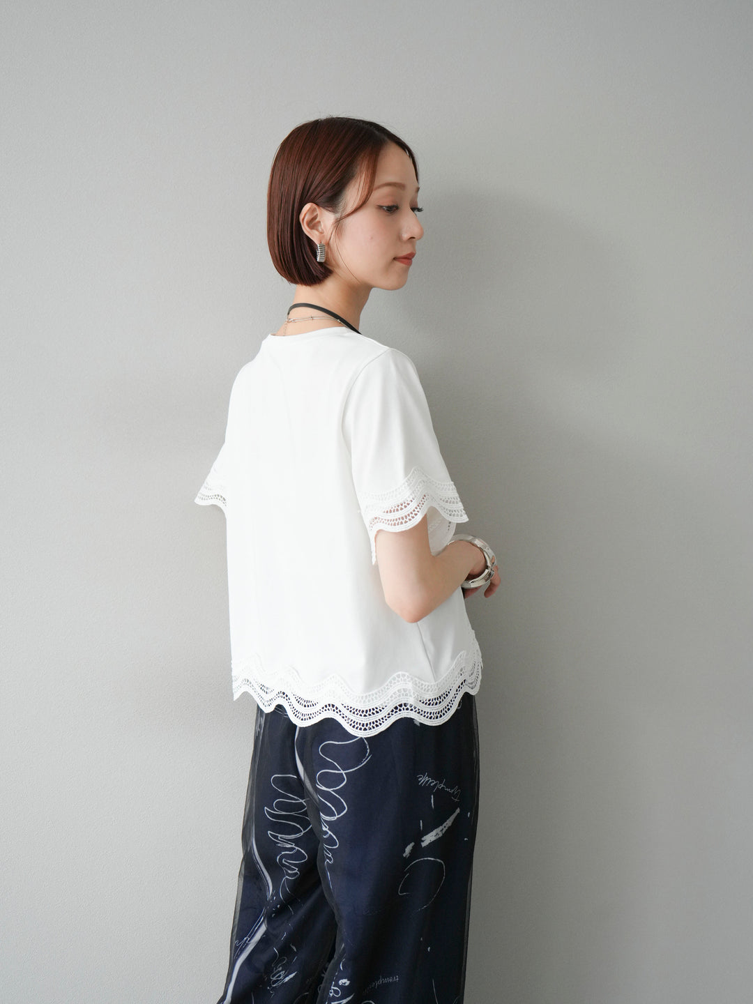 [SET]レース切替カットソー+コード刺繍チュールレイヤードパンツ(2set)