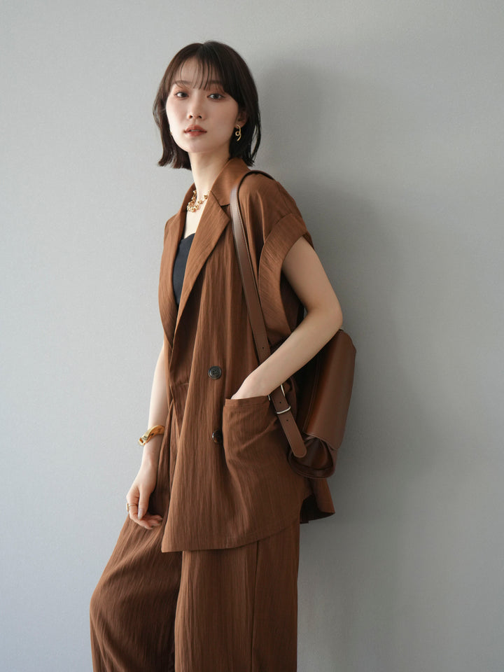 [套裝] 亞麻風格無袖雙背心 + 雙肩帶剪裁羅紋胸罩吊帶背心（2 件套）