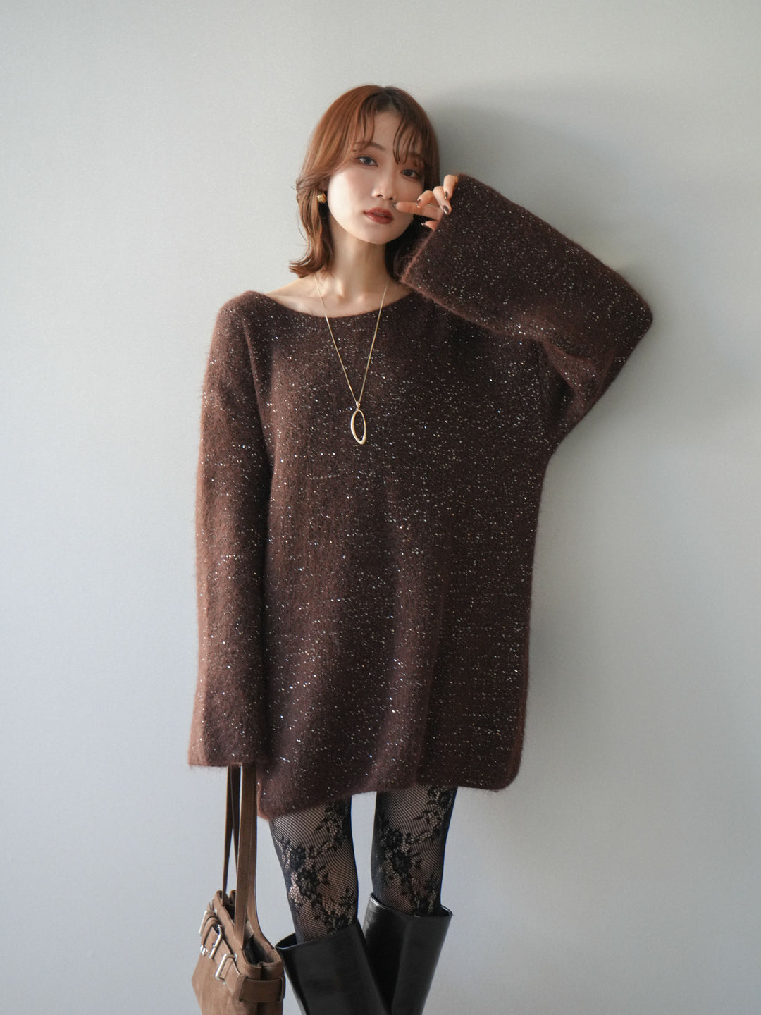 [予約]スパンコールミニシャギーニットチュニック/brown