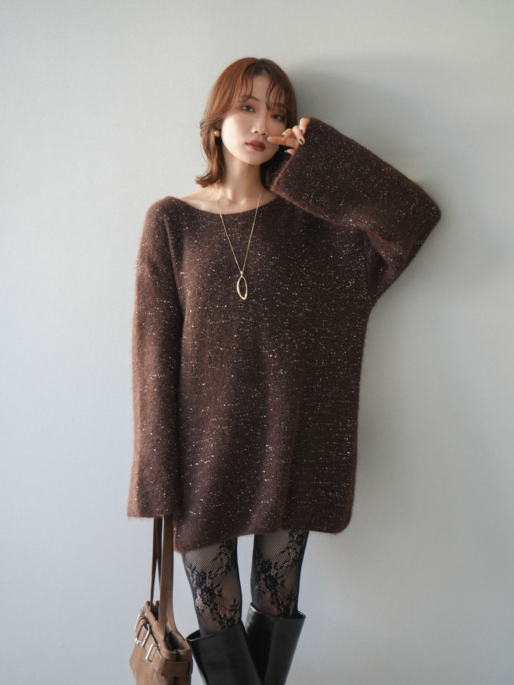 [予約]スパンコールミニシャギーニットチュニック/brown