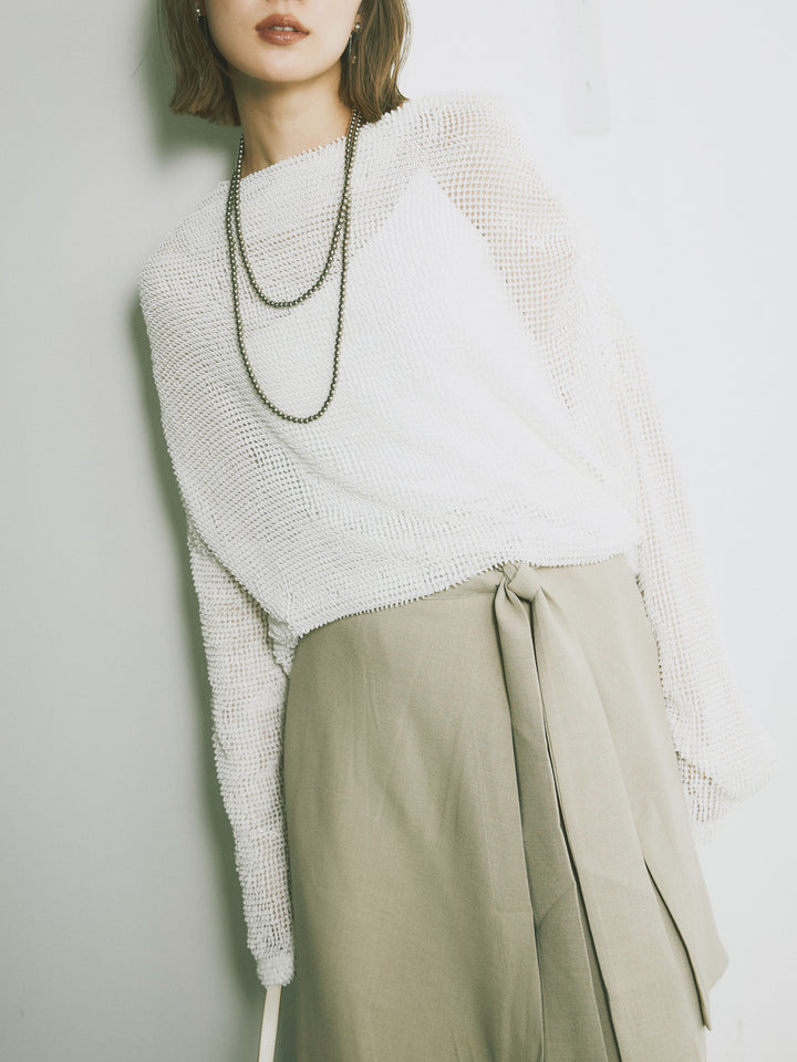[SET] 後背垂墜網眼套頭衫+亞麻觸感裹身寬褲（2件套）