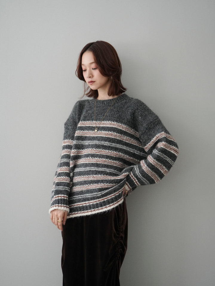 [SET]ステッチボーダーニットプルオーバー+ギャザーベロアスカート(2set)