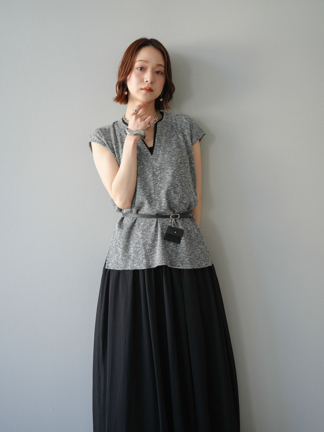 [予約]ベルト付シフォンコンビジャージワンピース/black