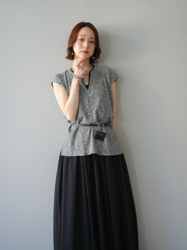 [予約]ベルト付シフォンコンビジャージワンピース/black