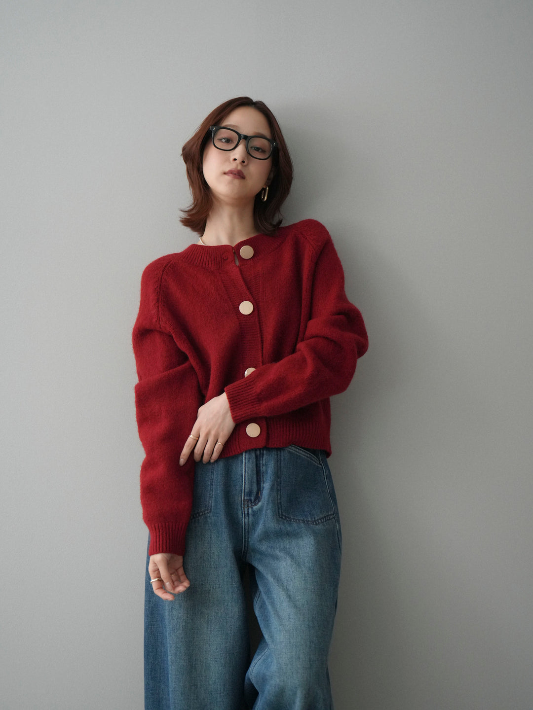 [SET]BIGボタンニットカーディガン+ベルト付裏起毛カーブデニムパンツ(2set)