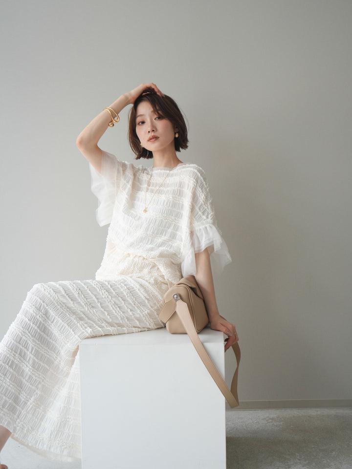 [SET]チュール袖リップルトップス+リップルIラインスカート(2set)