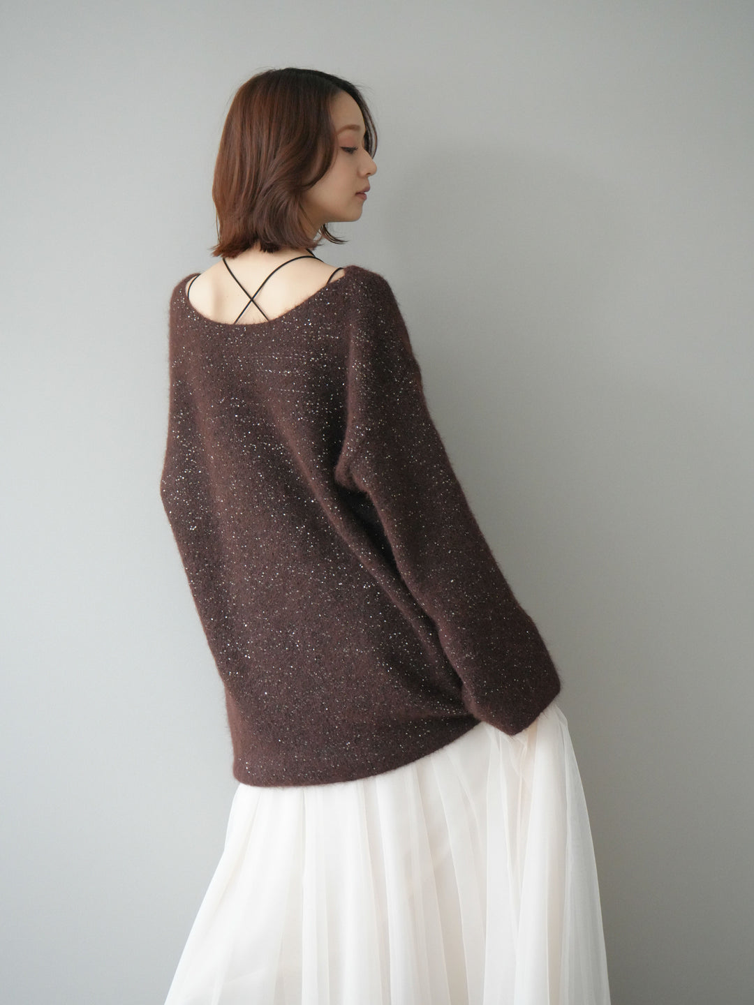 [予約]スパンコールミニシャギーニットチュニック/brown