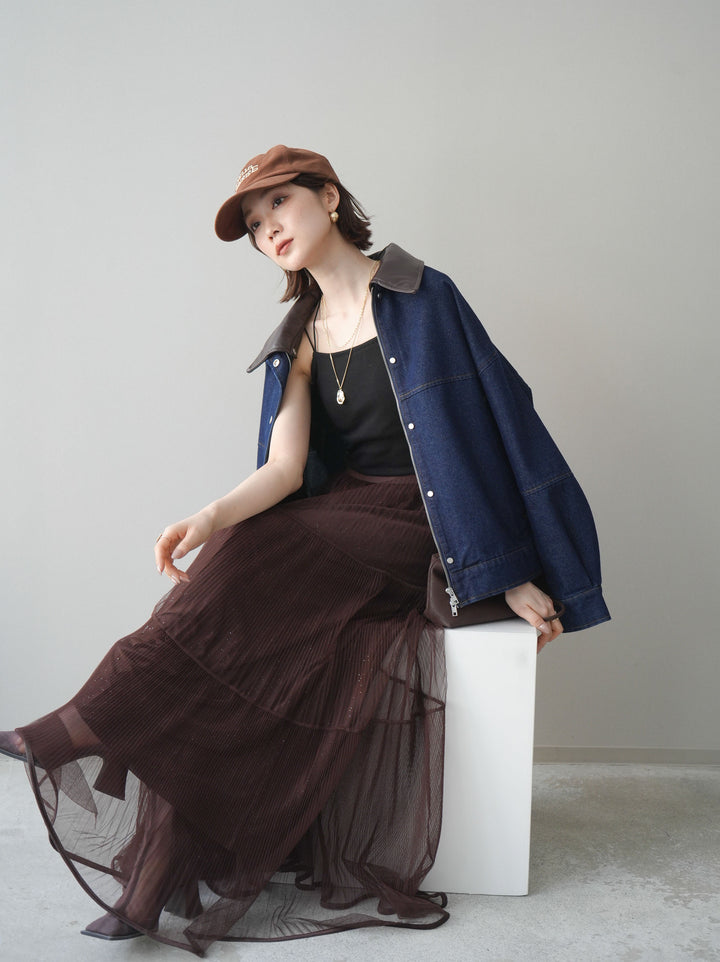 [予約]配色襟レザーデニムブルゾン/indigo