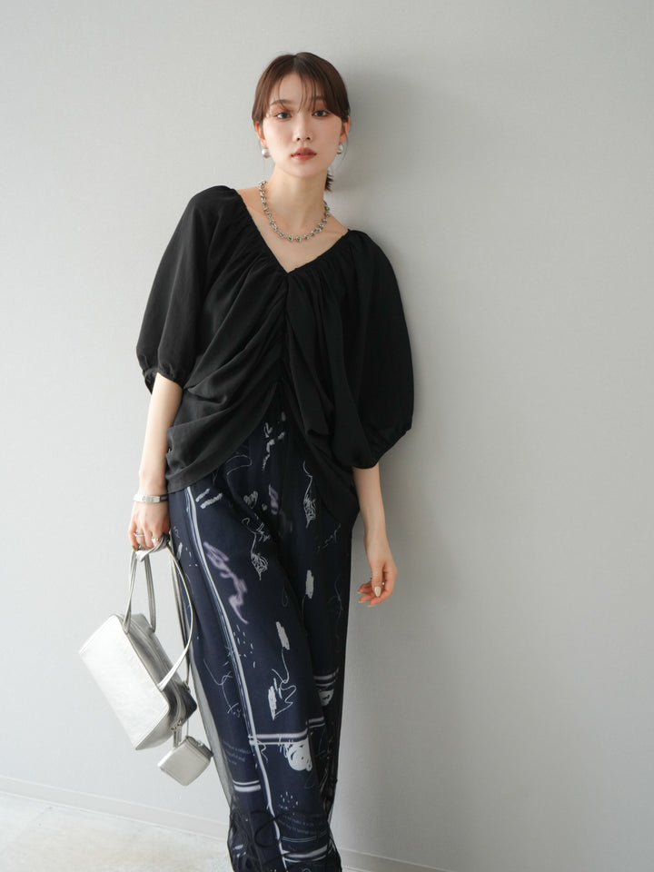 [予約]ボリュームスリーブシアータックブラウス/ブラック