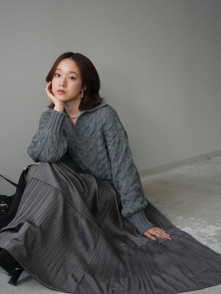 [SET]バルキーケーブルクロップド開襟プルオーバー+ベロアティアードワッシャースカート(2set)