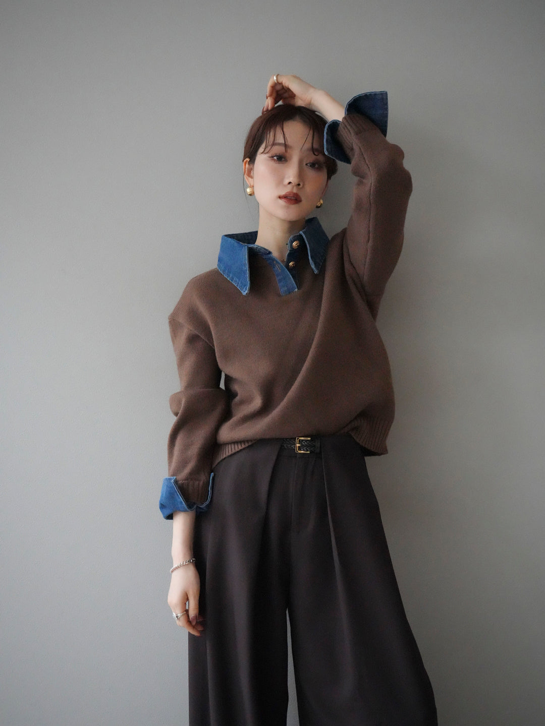 [SET]デニム襟ポロニットプルオーバー+デニム襟ポロニットプルオーバー(2set)